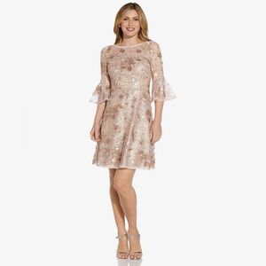 Adrianna Papell Sequin Lace Cocktail Dress Nude Gold Floral Size 6